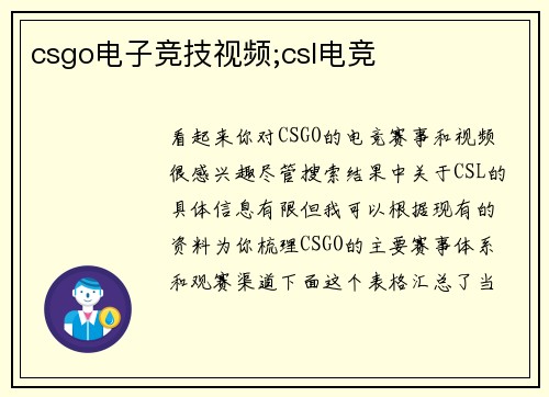 csgo电子竞技视频;csl电竞